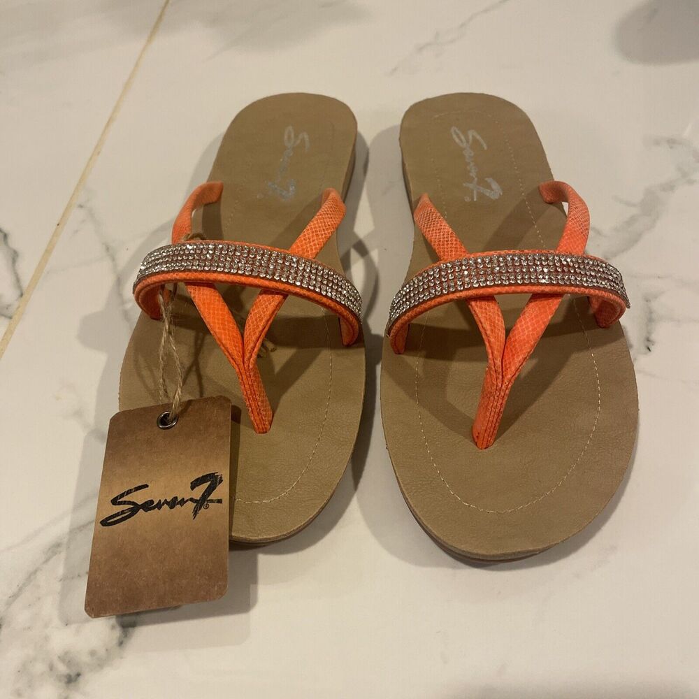 Seven 7 Rhinestone Flip Flops Bondi Caramel Casual Slippers Coral Size 9 NIB